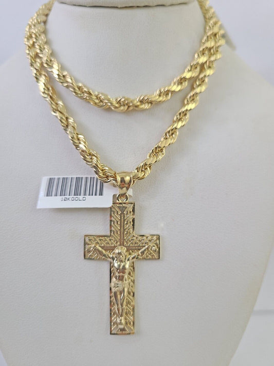 Real 10k Gold Rope Chain Cross Charm Pendant Set Necklace is 5mm 20"-30" Inch