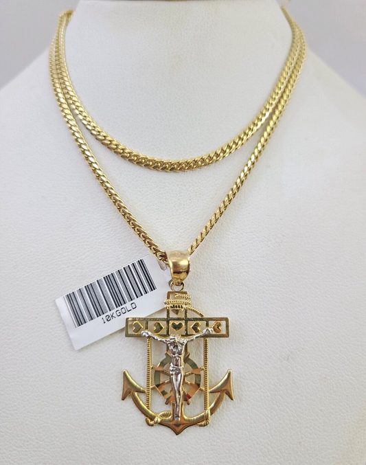 10K Solid Gold Chain Miami Cuban Jesus Anchor Pendant 2.5mm SET 18"-24" Charm