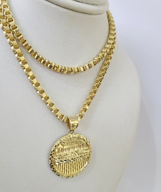 Real 10k Gold Byzantine Necklace Last Supper Nugget Pendant 20-30 inch 3mm SET