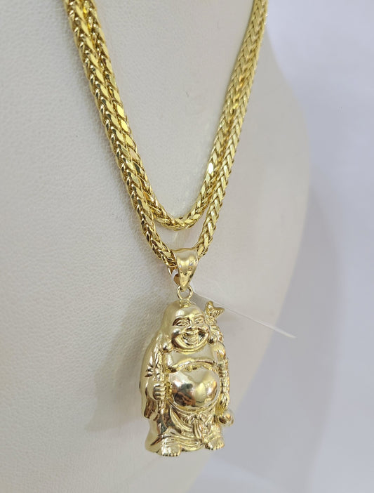 REAL 10k Yellow Gold Palm Chain Laughing Buddha Pendant Charm 3mm Necklace SET