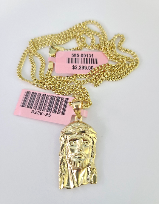 14k Miami Cuban Chain Jesus Head Charm Pendant 2mm 18"24" inch SET Necklace