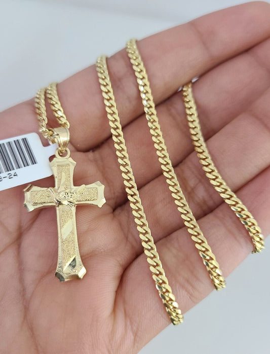 10K Solid Gold Miami Cuban Chain 2.5mm Jesus Cross Charm SET 18"-24" Pendant