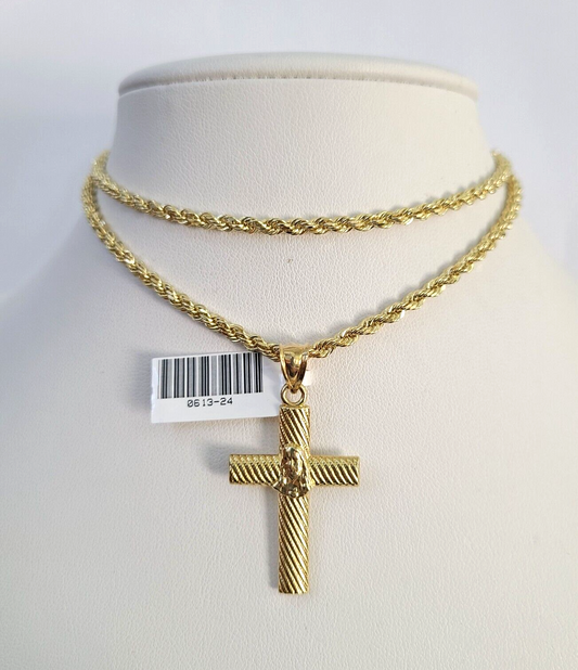 10k Solid Rope Chain 3mm Jesus Cross Pendant Charm Necklace SET 18-26 in