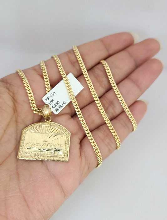 10K Solid Gold Miami Cuban Chain Last Supper Charm SET 18"-26" 2.5mm Pendant