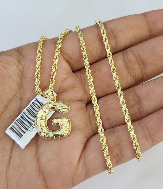 10k Gold Initial G Charm Rope Chain 16"-26" 2.5mm SET Necklace Alphabet Pendant