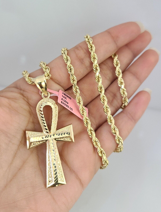 Real 14k Solid Rope Chain Ankh Cross Charm Gold Set 4mm 18"-30" Necklace Pendant