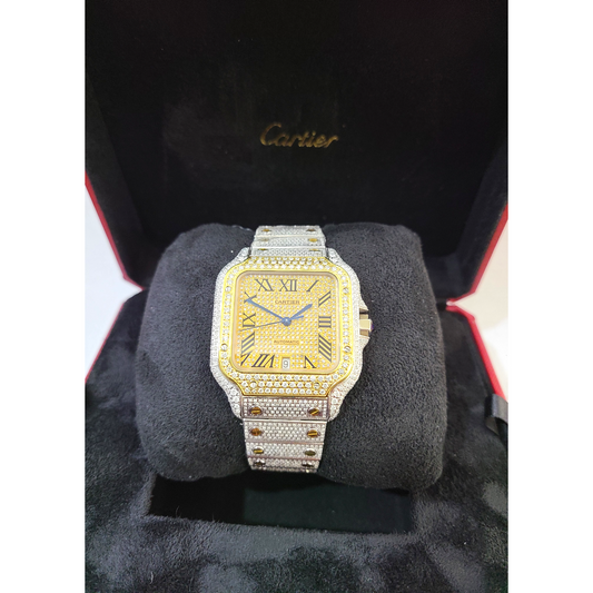 Cartier Santos Men's S.Steel Watch Roman Iced Out 12ct Diamonds 40mm (pre-owned)