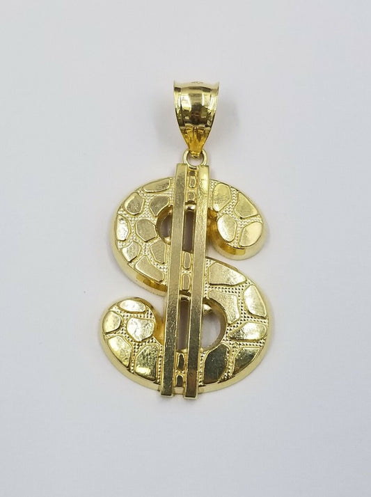 10K Gold Dollar Sign Charm Nugget Pendant 4mm Rope Chain 20" 22" 24" 26" 28"