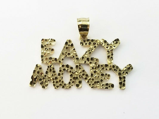 10k Yellow Gold EAZY MONEY Sign Nugget Charm Pendant Men Women Real 10K
