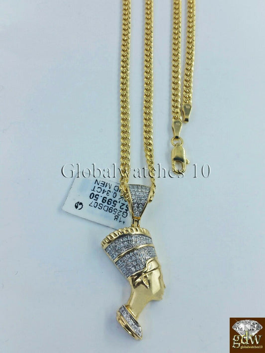 10k Gold Diamond Egyptian Queen Nefertiti Charm with 22"Inch Miami Cuban Chain