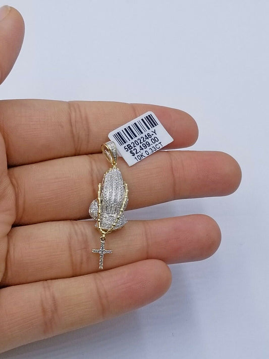 Real 10k Yellow Gold Praying Hand with cross Pendant Real Diamond Charm