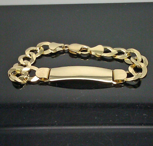 Mens SOLID 10K Yellow Gold Link Bracelet 9" 1.75"X0.6" ID Plate Long, New Rope