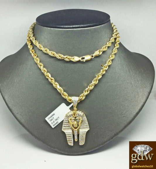 Real 10k Yellow Gold Diamond Pharaoh Charm Pendant 28" Rope Chain Necklace