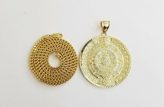 10k Real Gold Aztec Calendar Pendant Charm 3mm 20- 28 " Franco Link Chain 10kt