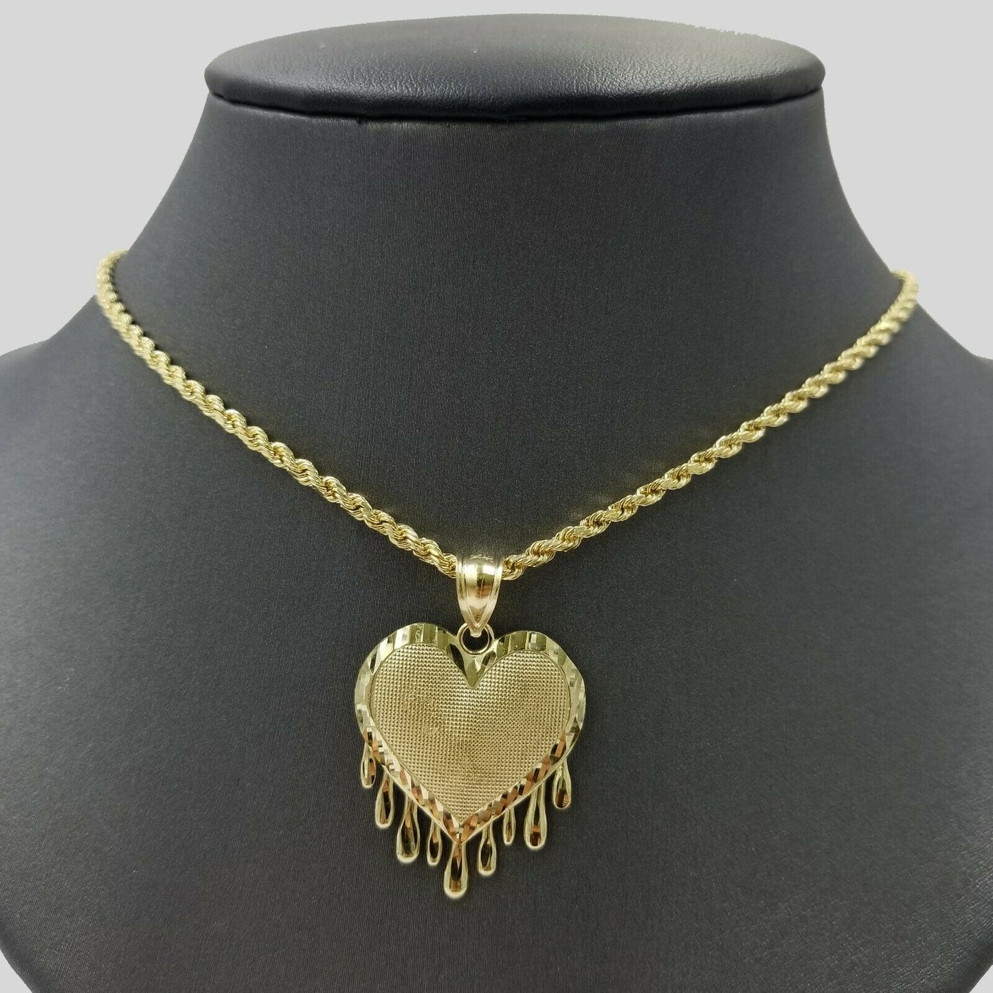 10K Solid Yellow Gold Dripping Heart Style Diamond Cut Pendant Men Women