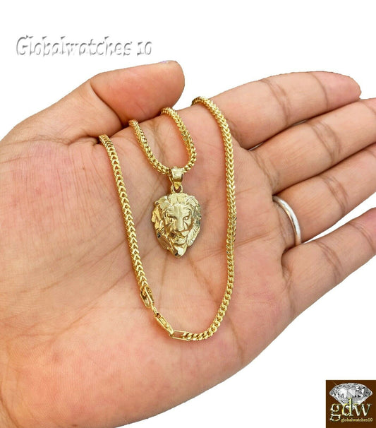 10k Gold Charm Pendant Lion Head with Franco Chain in 20 22 24 26 Inch Real Gold