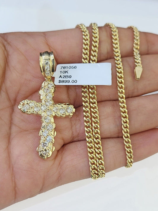 10k Gold Miami Cuban Chain & Cross Charm Pendent SET 3mm 20 Inches Necklace