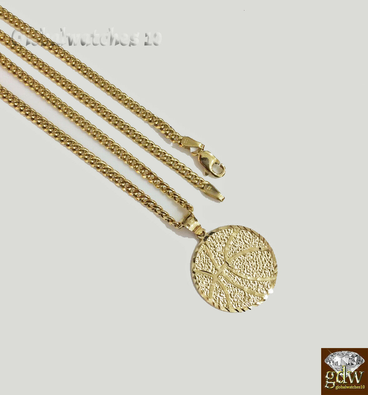 10k Gold Basket Ball Charm Pendant with Miami Cuban Chain in 20 22 24 26 inch