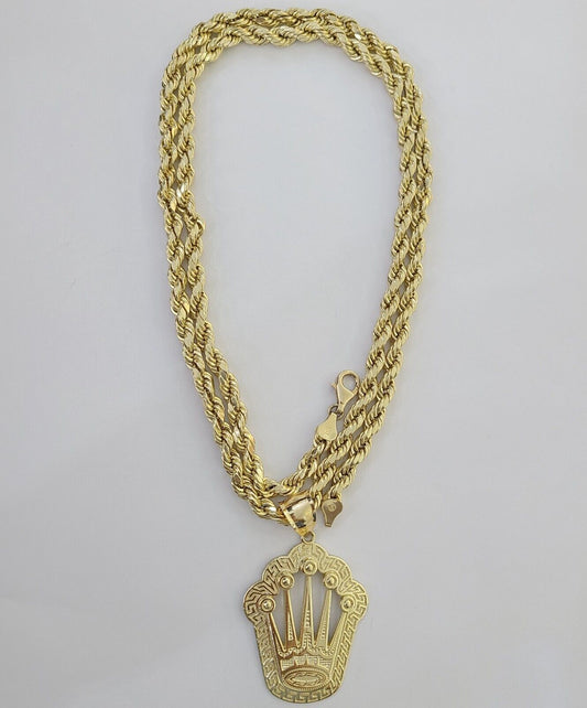 10K Yellow Gold Crown Pendent Charm 6mm Rope Chain 22"