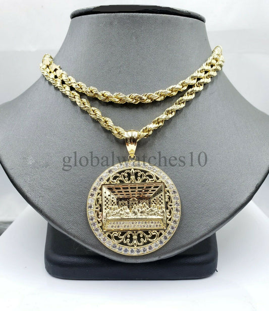 REAL 10k Gold Last supper Pendant 10kt Rope Chain Men Charm Necklace SET 22"-30"