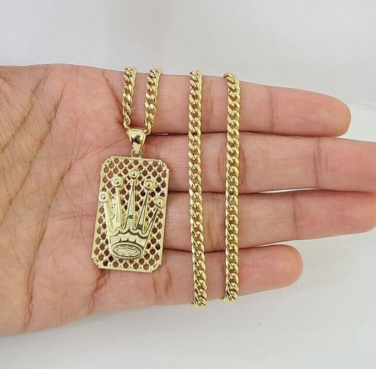 10K Yellow Gold Crown Pendent 4mm 18" 20" 22"24"26" Inch Miami Cuban Chain