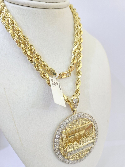 10k Gold Rope Chain Last Supper Charm Pendent SET 5mm 24 Inches