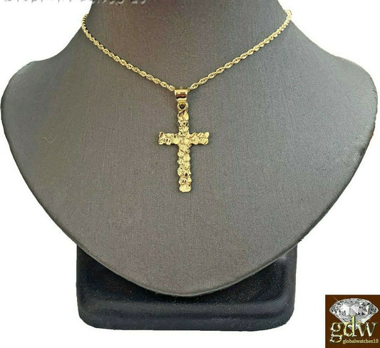 10k Gold Jesus Cross Pendant with Rope Chain in 18" 20" 22" Real Gold