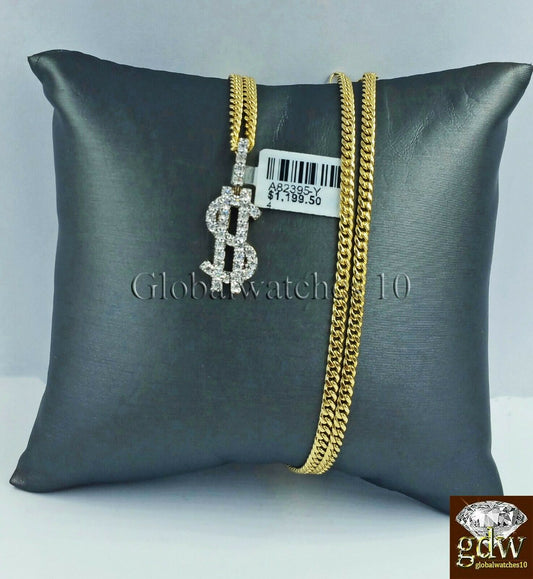 10k Gold Diamond Dollar Sign Charm Pendant with 24" Inch Miami Cuban Chain Real