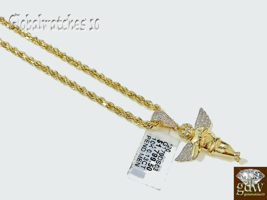 Real 10k Gold Praying Angel Charm Pendant with Rope Chain in 20 22 24 26 Inch