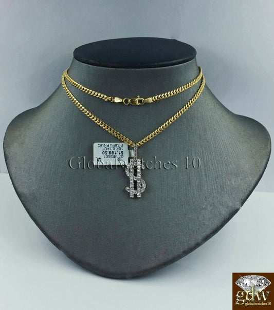 10k Gold Diamond Dollar Sign Charm Pendant with 24" Inch Miami Cuban Chain Real