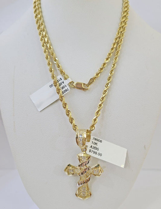 10k Gold Spiral Cross Charm Rope Chain 3mm 18'' Set Yellow Diamond Cut Real