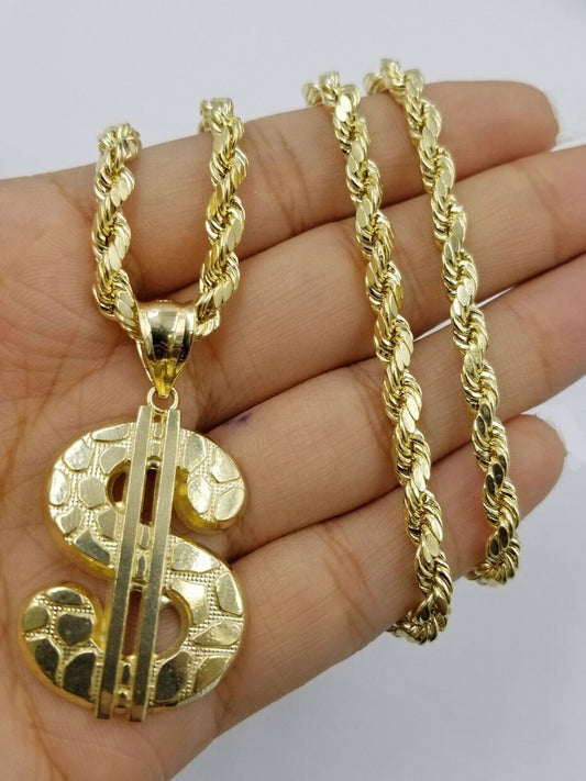 10K Gold Dollar Sign Charm Nugget Pendant 4mm Rope Chain 20" 22" 24" 26" 28"