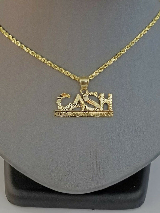 Real 10K Gold Lucky CASH Charm Pendant with Rope Chain 18 20 22 24 26 Inch
