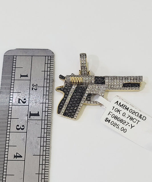 10K Yellow Gold and Diamond Military Black Gun Pendant 1 Inch 0.78 CT