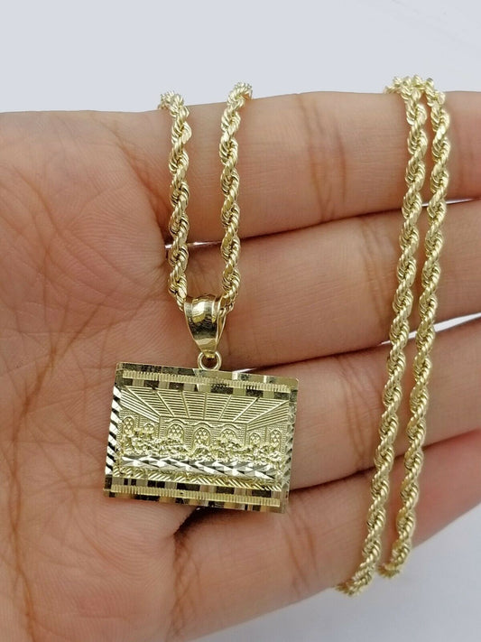 10k 2.5mm Rope Gold Last supper Charm Pendant Chain 18 20 22 24 26 28 Inch Real