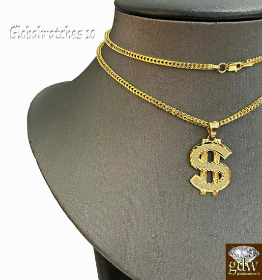 10k Gold Charm Pendant Dollar/Money Sign with Franco Chain in 20 22 24 26 Inch