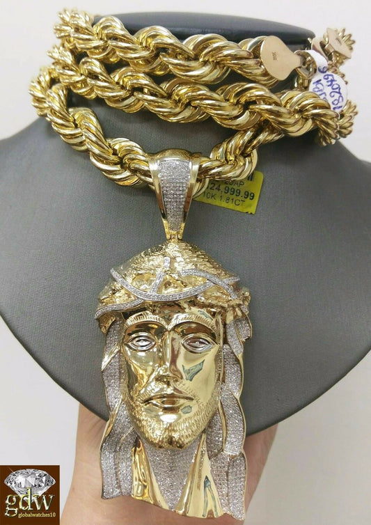 Real 10k Rope Chain 15 mm with 1.81 Ct Diamond Jesus Head, Charm Pendent.