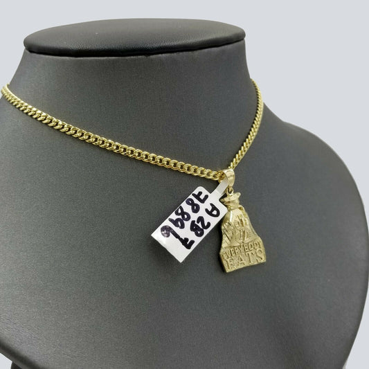 Dollar Bag 10k Gold Charm Pendant With Miami Cuban Chain 3mm "Every Body EATS"