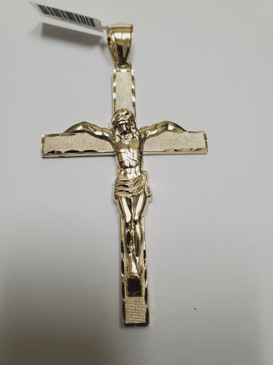 10K Yellow Gold Crucifix Cross Pendant Jesus Christ Necklace Charm Women Men