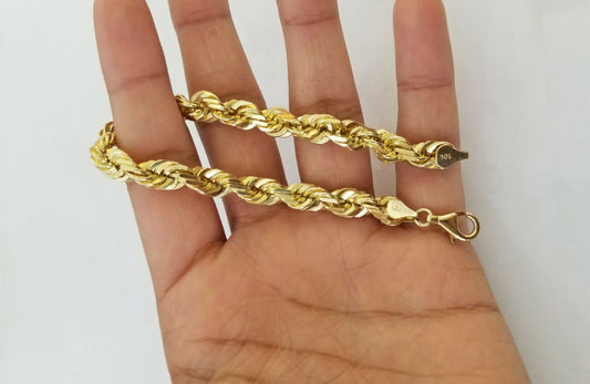 Solid Real 10K Yellow Gold Rope Bracelet 8" Inch 7mm , 10kt Real gold men women