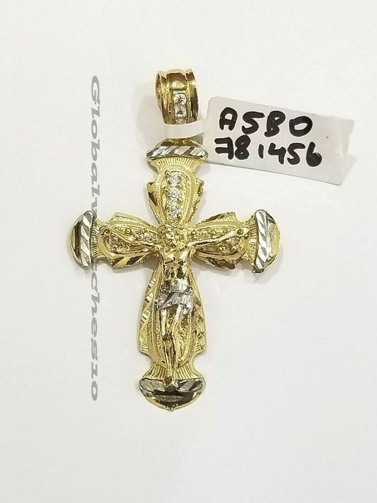 Men 10k Yellow Gold Jesus Cross pendant Charm Crucifix 2" Inch Diamond Cut REAL