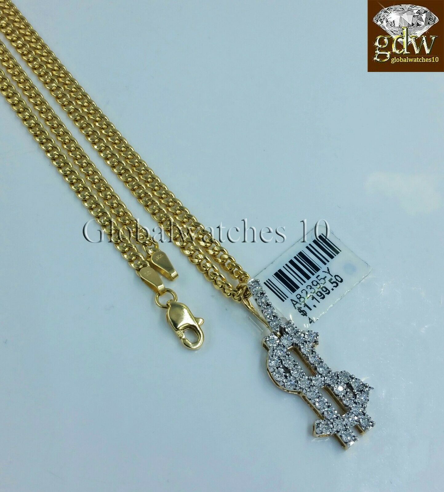 10k Gold Diamond Dollar Sign Charm Pendant with 24" Inch Miami Cuban Chain Real