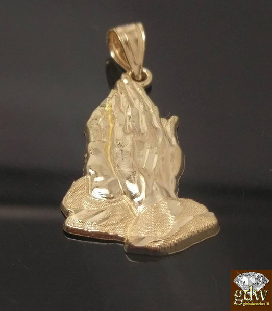 Real 10k Yellow Gold Praying Hand 1.3Inch Charm Pendent Diamond Cut Men Women