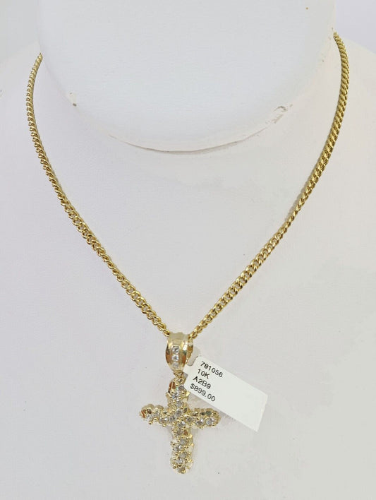 10k Gold Miami Cuban Chain & Cross Charm Pendent SET 3mm 20 Inches Necklace