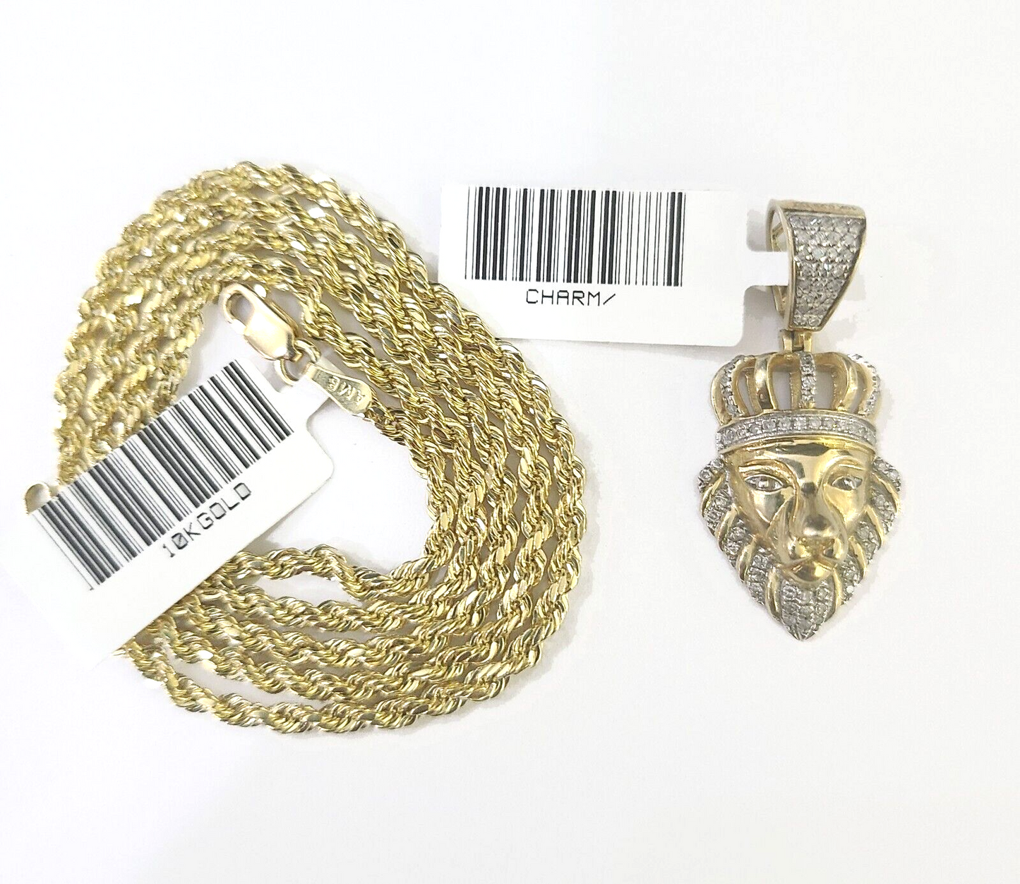 10k Gold Lion Head Diamond Charm and 2.5mm 24 Inches Rope Chain