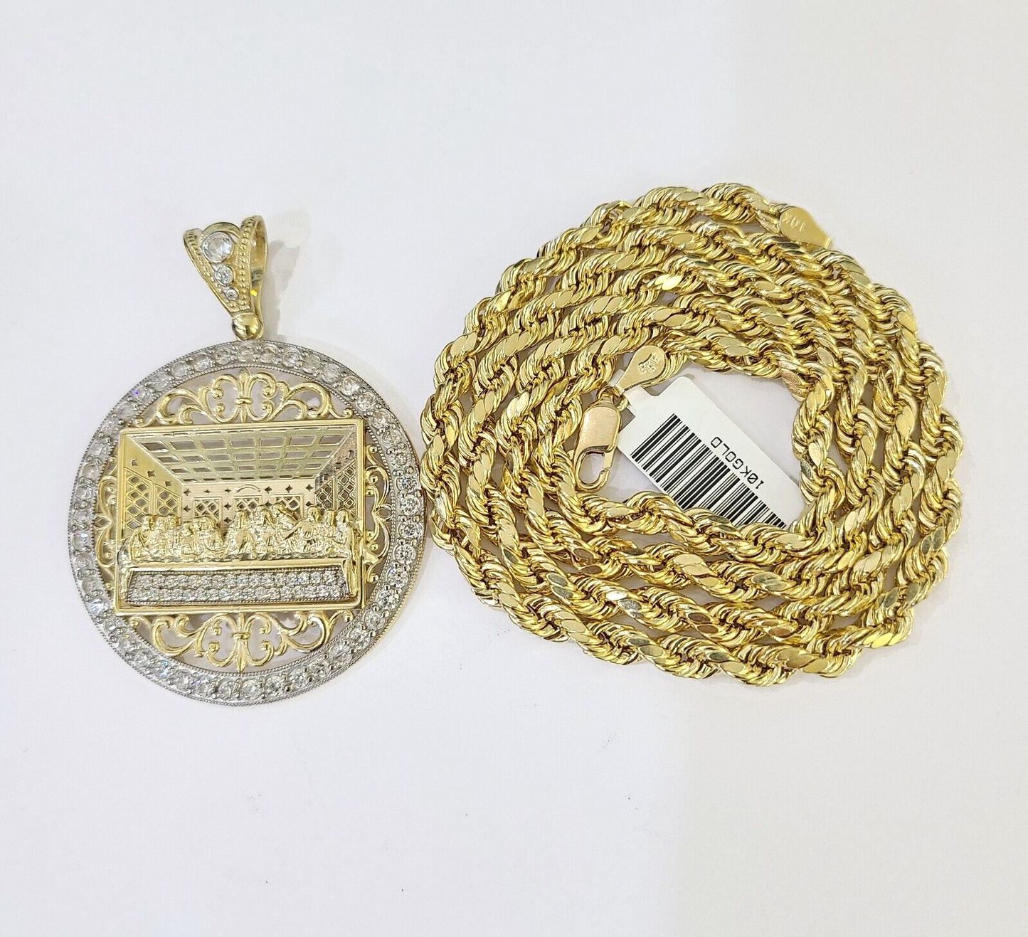 10k Gold Rope Chain Last Supper Charm Pendent SET 5mm 24 Inches
