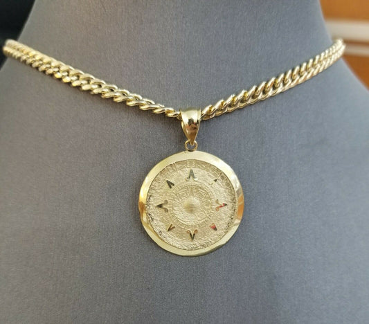 10k Yellow Gold Aztec Calendar Pendant Charm 4.5mm 20- 26 " Rope Chain Real