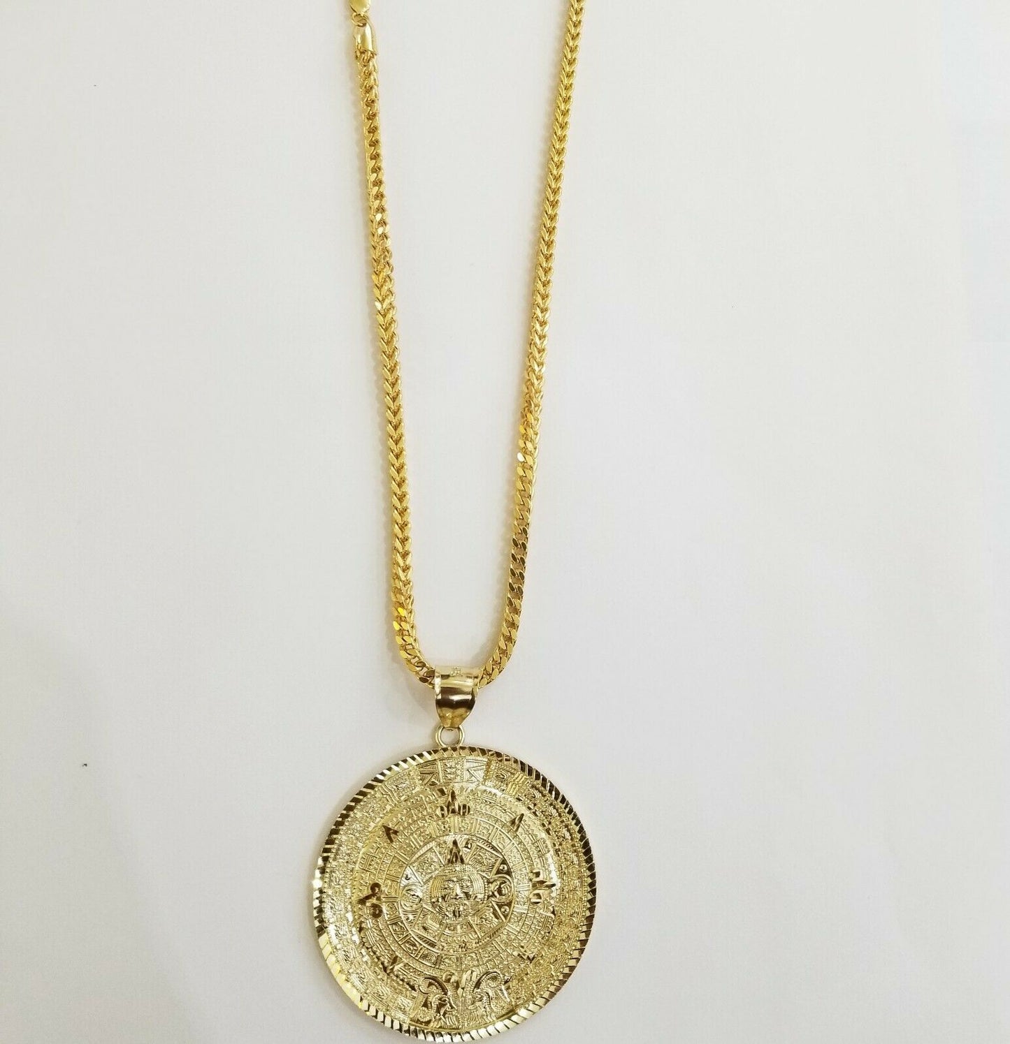 10k Real Gold Aztec Calendar Pendant Charm 3mm 20- 28 " Franco Link Chain 10kt