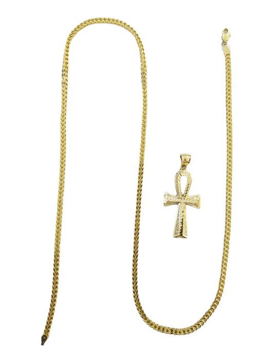 10K Gold Ankh Cross Pendant 4mm Franco Chain 22 Inch Egyptian Charm