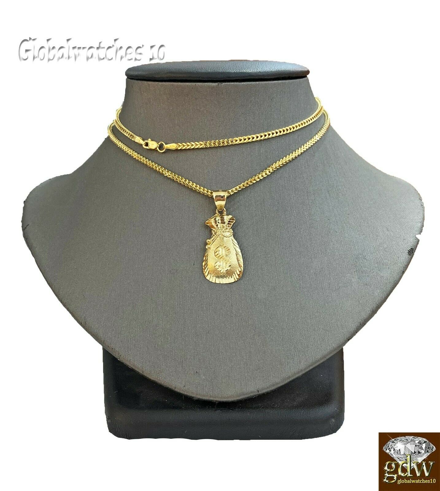 10k Gold Dollar Bag Charm Pendant Franco Chain 22 24 26 28 Inch Real